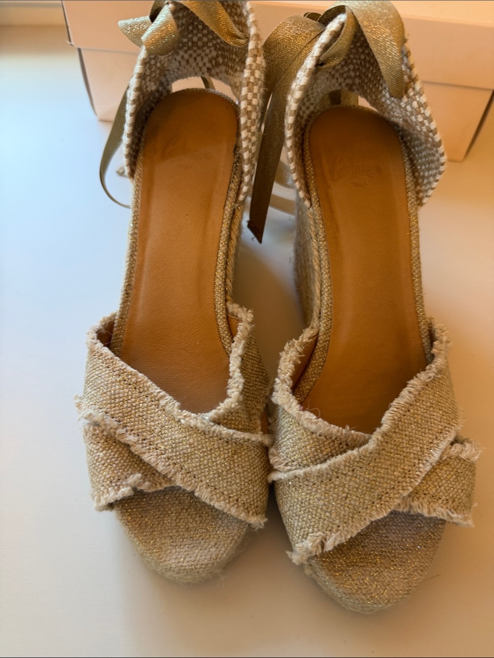 Castaner Beige and Gold Espadrille Wedge Sandals